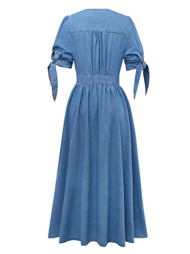 Blau 1940er V-Ausschnitt Knotenmanschette Denim Kleid