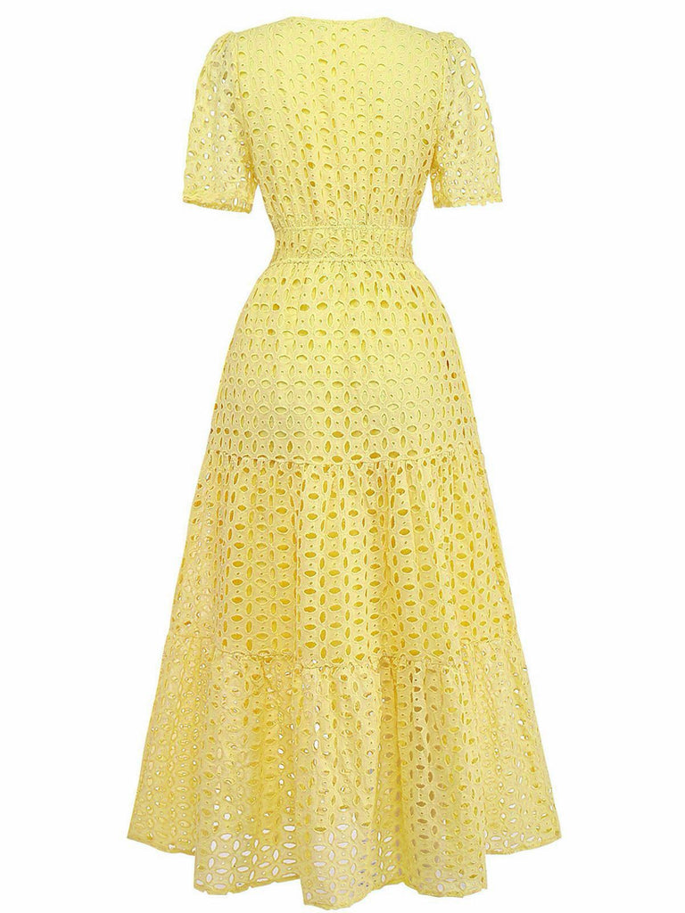 1940er Ösen Spitze V-Ausschnitt Gestuft Maxi Kleid