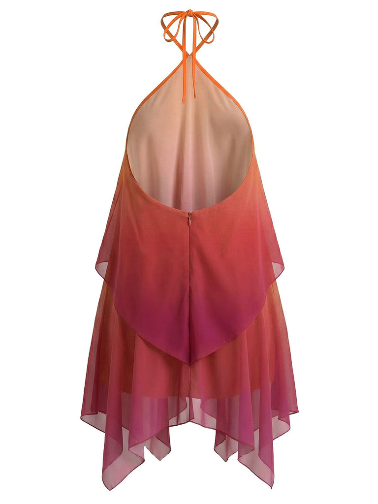 Orange 1960er Farbverlauf Halter Gestuft Chiffon Mini Kleid