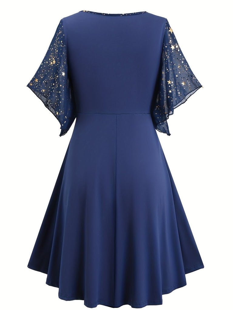 [Übergröße] Marineblau 1970er Stern Rüschen Volantärmel Kleid