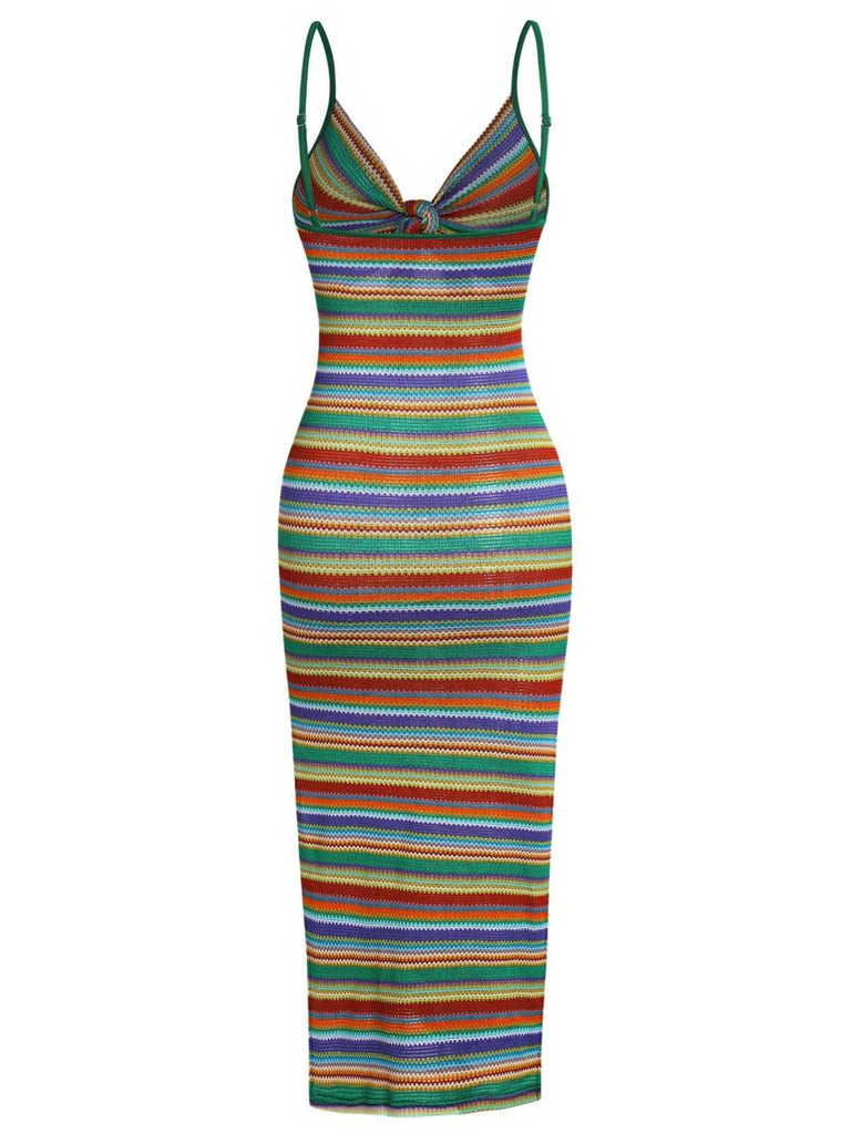 1970er Träger Bunt Streifen Binden Boho Kleid
