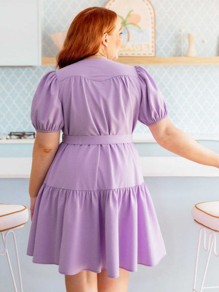 [Übergröße] Lavendel 1950er Puffärmel Shirt Kleid