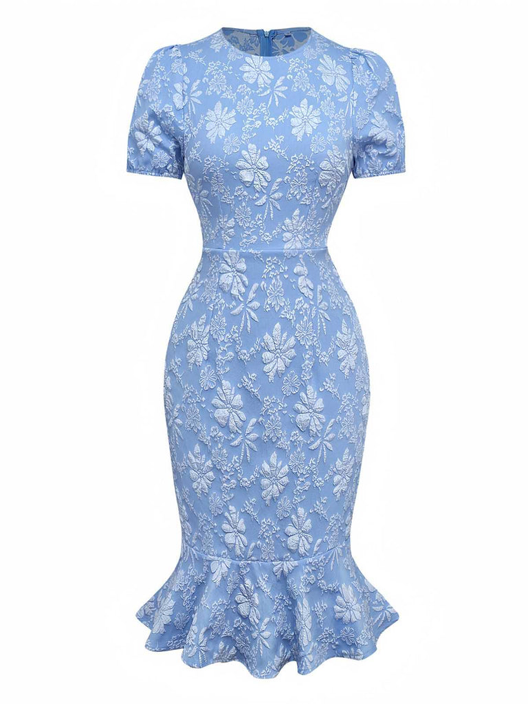 Hellblau 1960er Gänseblümchen Puffärmel Kleid