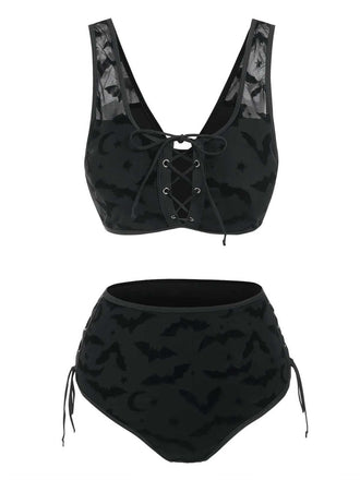 Schwarz 1980er Träger Fledermäuse Netz Gothic Bikini Set