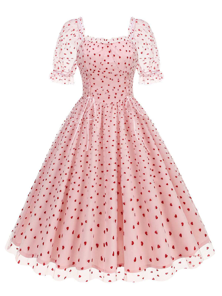 1950er Puffärmel Valentinstag Herzen Netz Kleid