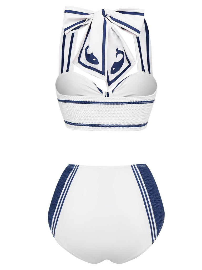 Weiß 1940er Marine-Stil Wal Bademode