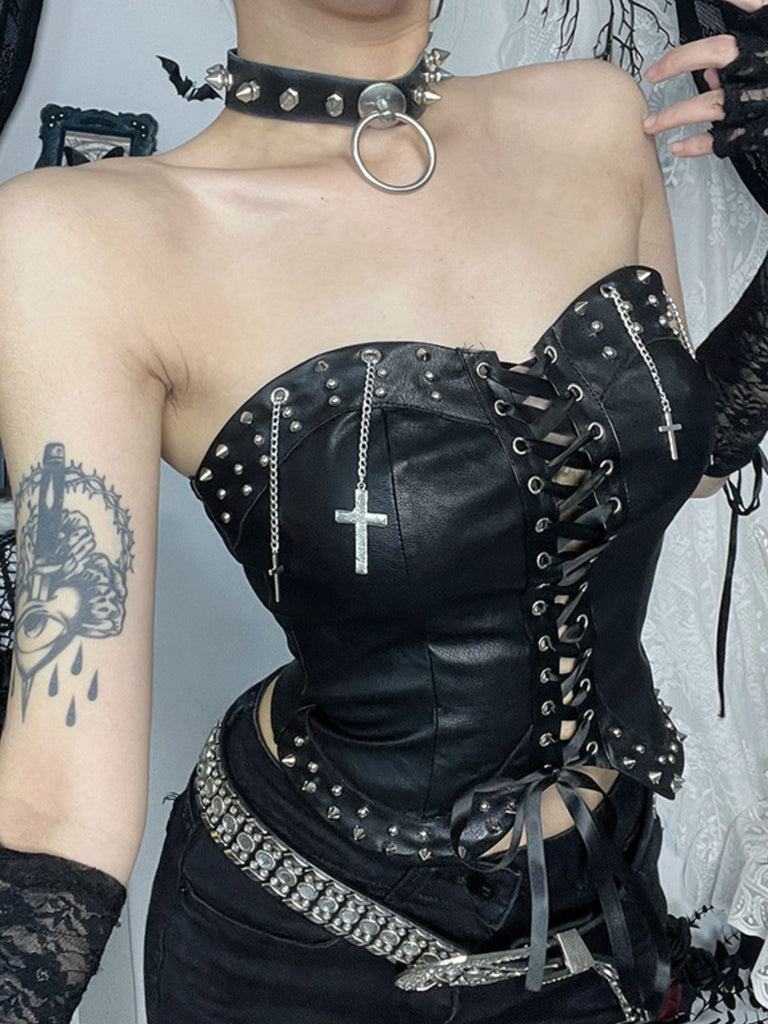 1980er Trägerlos Punk Leder Schnürung Nieten Top