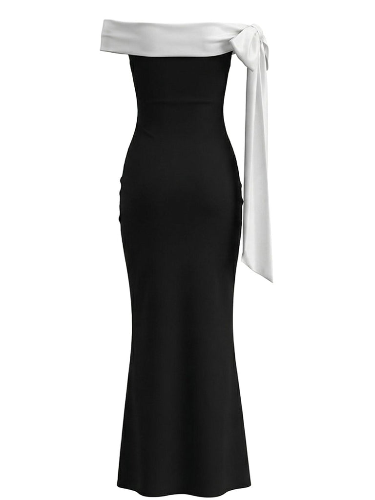 Schwarz 1930er Schulterfrei Schleife Körperbetont Maxi Kleid