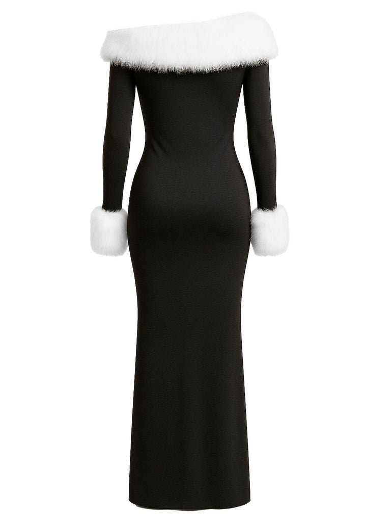 Schwarz 1980er Schulterfrei Pelz Besatz Kleid