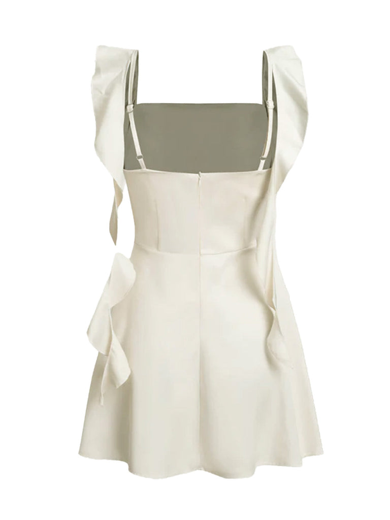 1980er Solide Rüschen Träger Quadratischer Hals Kleid