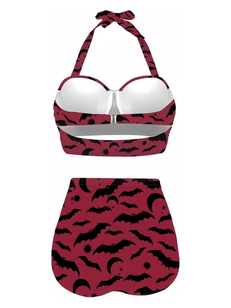 Weinrot 1950er Fledermaus Schnürung Halfter Bikini Set