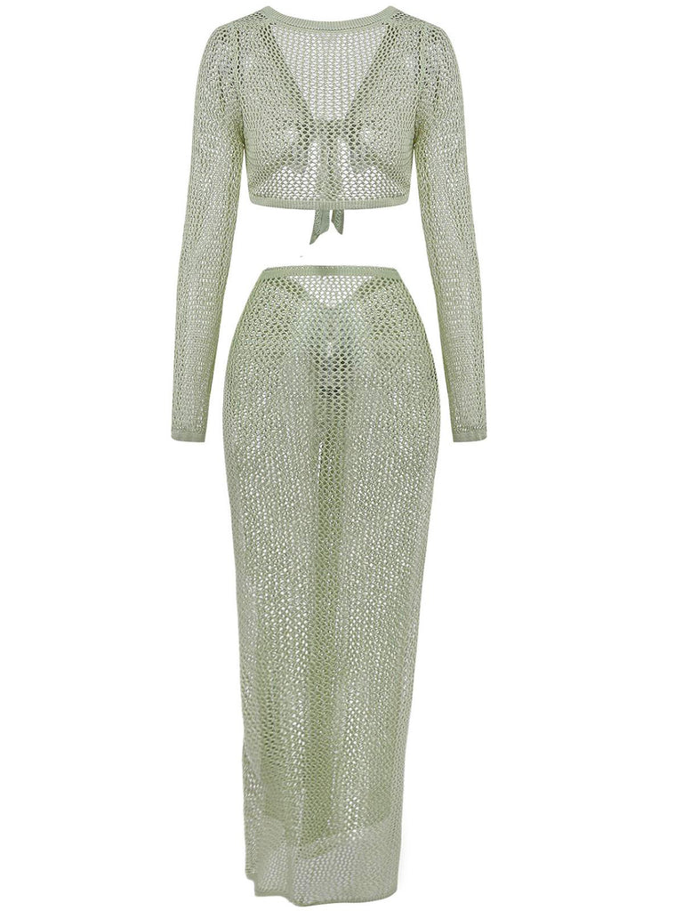 2PCS 1960er Häkel Langarm Strand Cover-Up Set