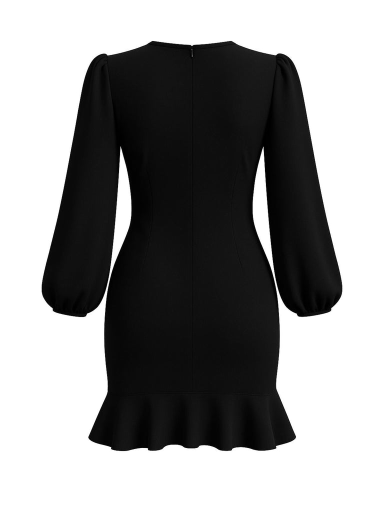 [Vorverkauf] Schwarz 1960er Solide Puffärmel Rüschen Kleid