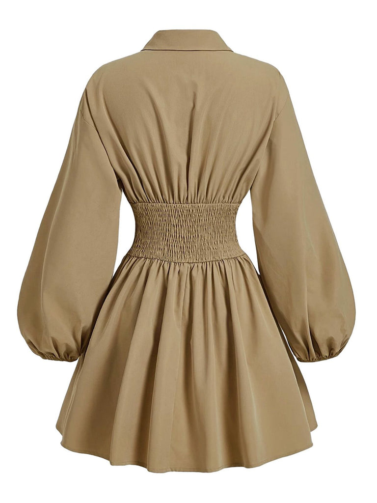 Beige 1960er Puffärmel Elastisch Geschnürt Taille Kleid