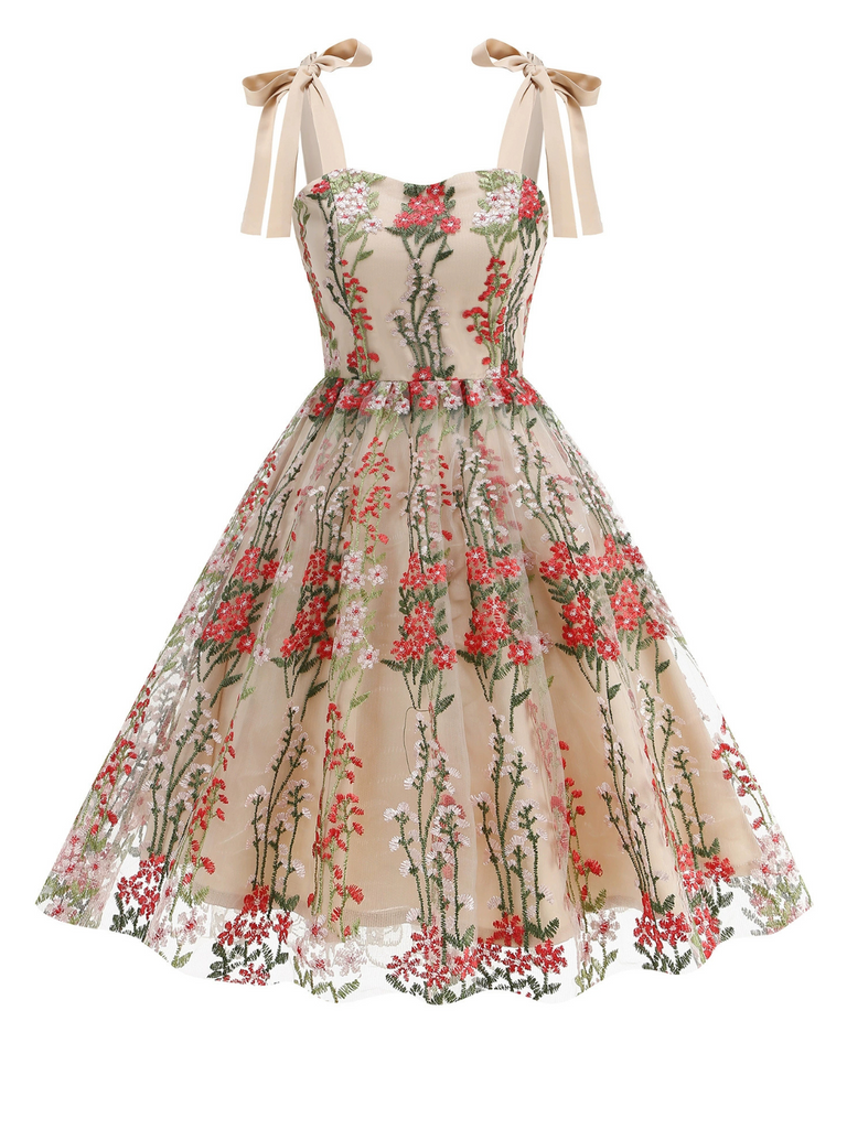 1950er Bestickt Netz Schnürung Herzförmiger Hals Kleid