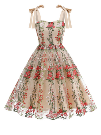 1950er Bestickt Netz Schnürung Herzförmiger Hals Kleid