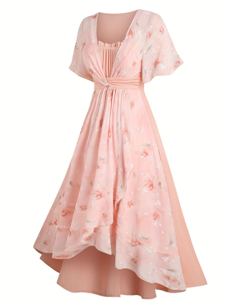 [Übergröße] Rosa 1970er Blumen Rüschen Unregelmäßigem Saum Kleid