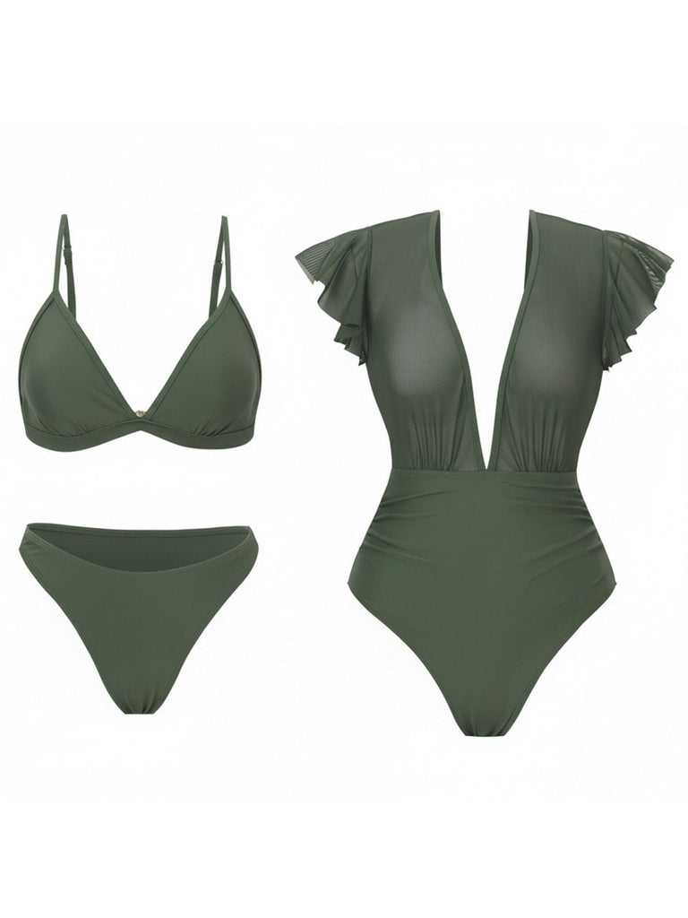 1960er Solide Netz Tiefer Ausschnitt Bikini Set & Cover-Up