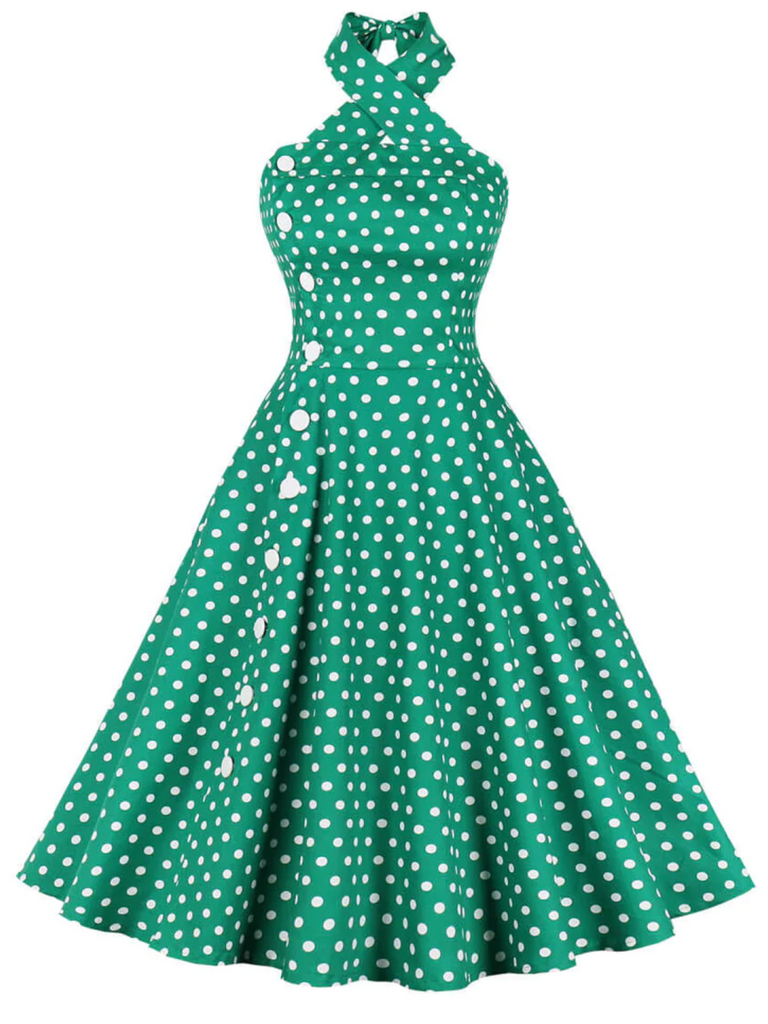Grünes 1950er Polka Dot Neckholder Kleid