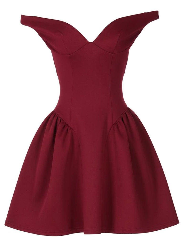1970er Solide Schulterfrei Tief V-Ausschnitt Skater Kleid