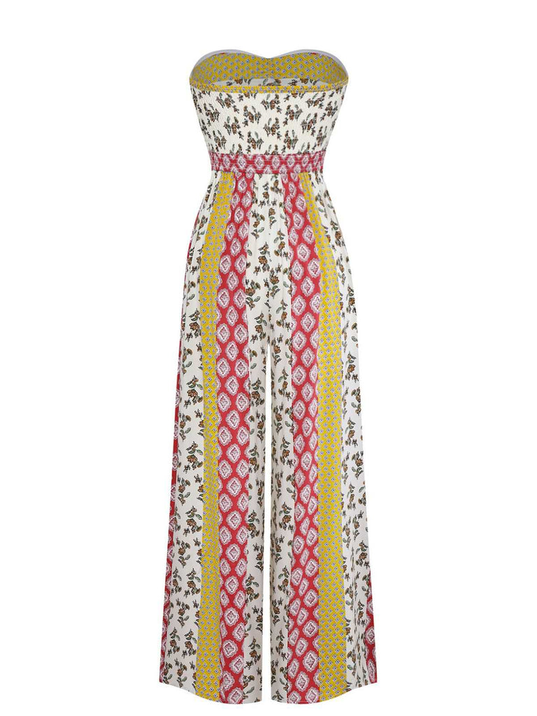 1970er Trägerlos Blumen Geometrisches Muster Boho Jumpsuit