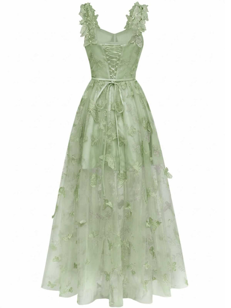 1930er Spaghetti Träger 3D Schmetterlinge Netz Maxi Kleid