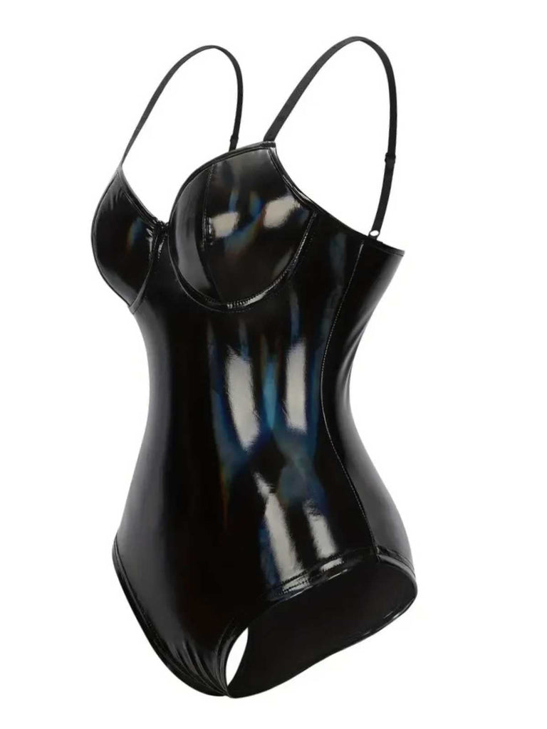 Schwarz 1980er Spaghetti Träger Leder Bodysuit