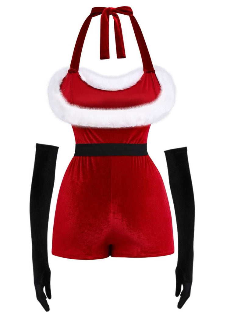 1970er Weihnachten Samt Faux Fur Trim Halter Romper Set