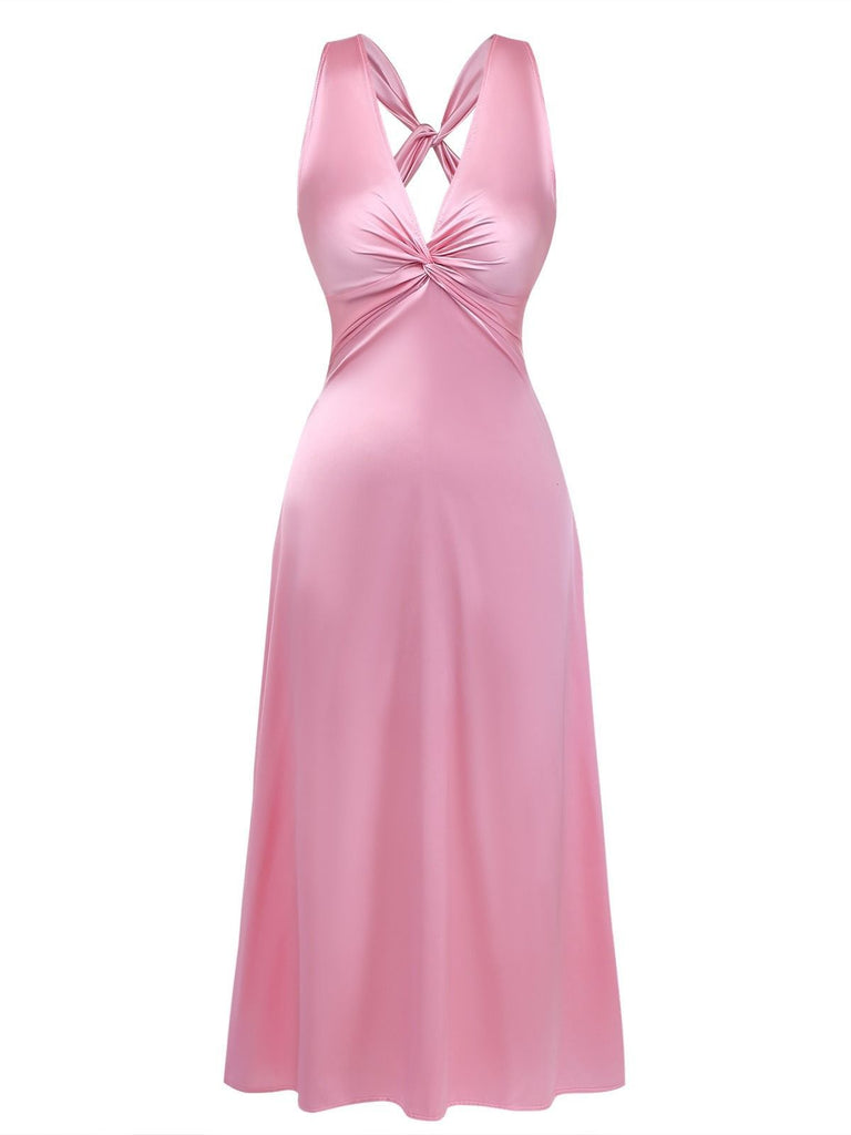 Rosa 1930er Satin V-Ausschnitt Twist Midi Kleid