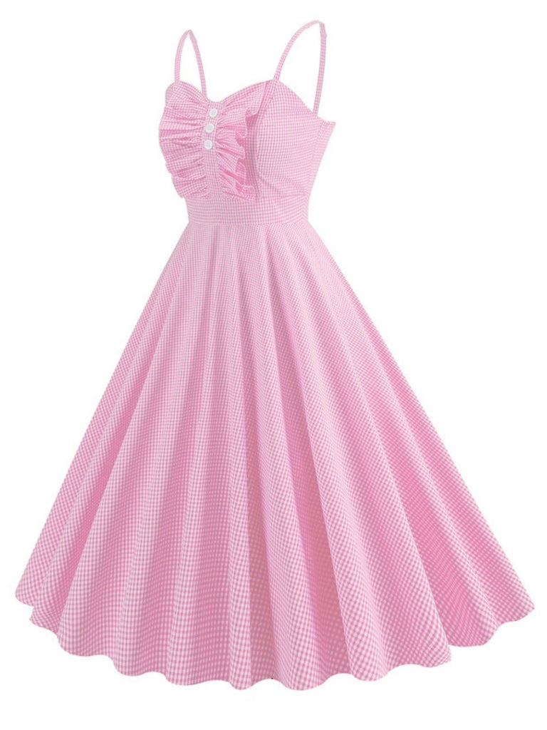 1950er Spaghetti Träger Plaids Tasten Swing Kleid