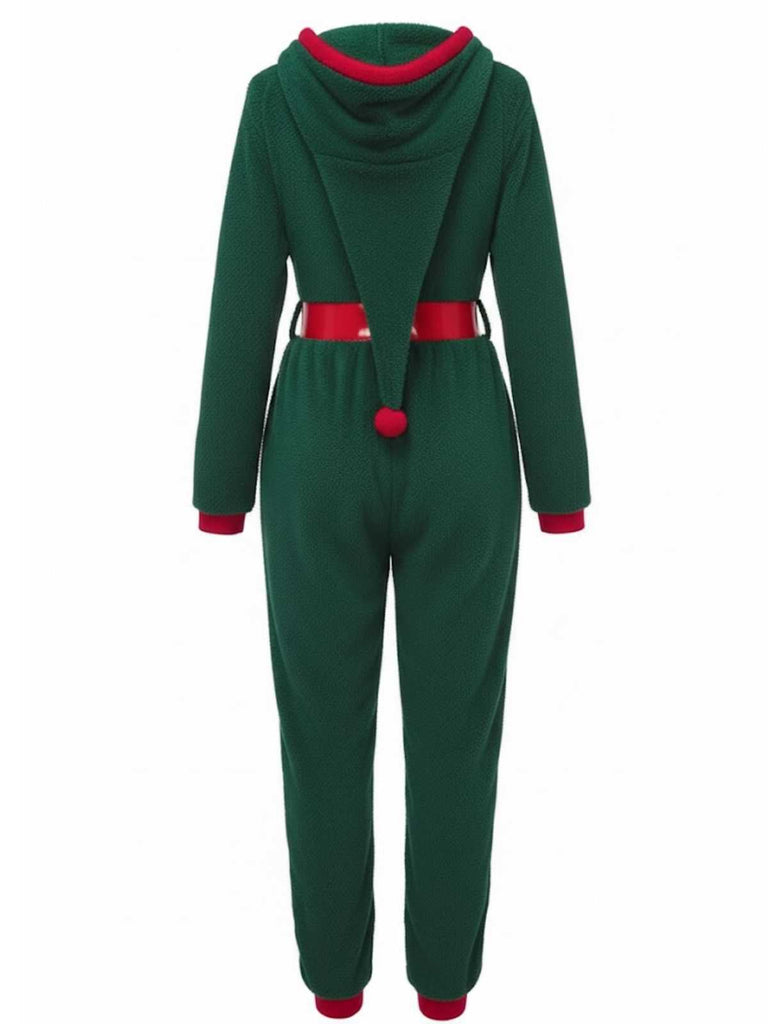 Grün 1970er Weihnachten Sherpa Hooded Jumpsuit Pyjama