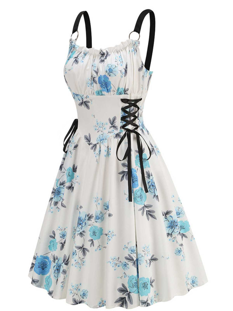 1950er Träger Blumen Schmetterlinge Schnürung Korsett Kleid
