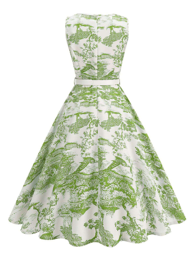 1950er Porzellan Landschaft Ärmellos Gürtel Kleid