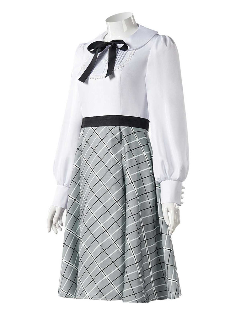 Grau 1940er Peter Pan Kragen Bogen Plaid Kleid