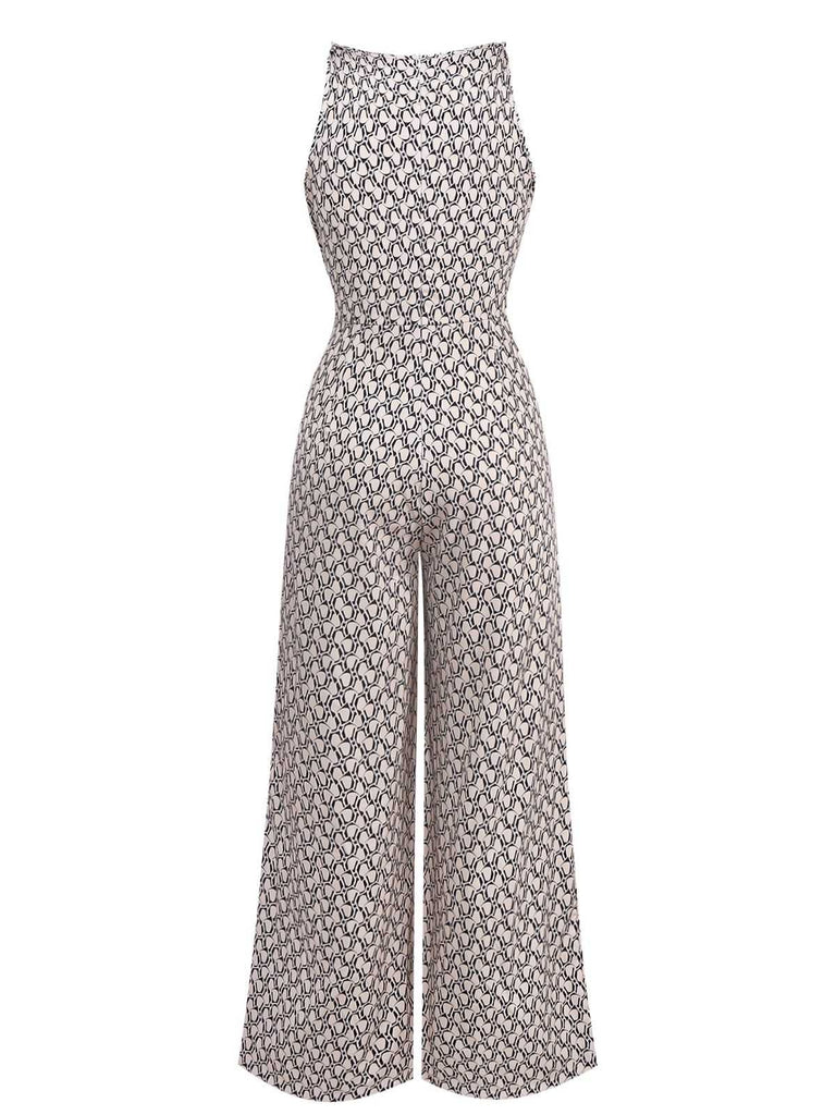 1970er Ärmellos Geometrischer Druck Taille-Bogen Jumpsuit