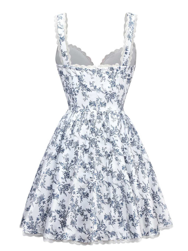 Blau 1950er Träger Blumen Spitze Korsett Kleid