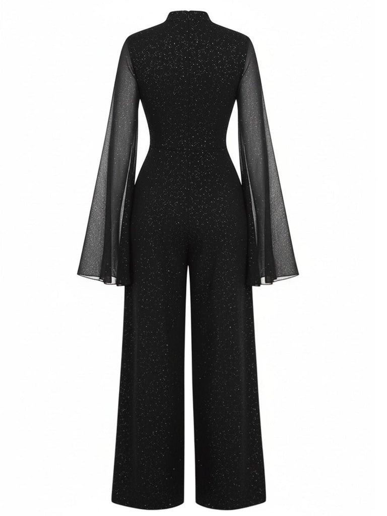 Schwarz 1930er Glitzernd Cutout Jumpsuit mit Umhang