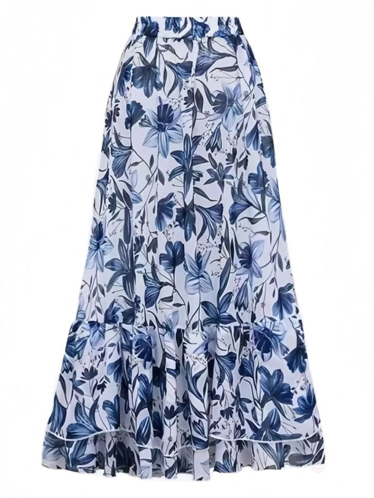 Blau 1940er Blumen Schulterband Einteiliger Badeanzug & Cover-Up