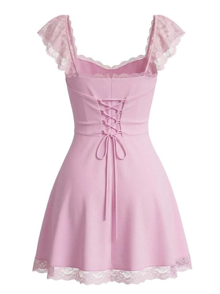 1960er Spitze Karree Ausschnitt Rückenfrei Kleid