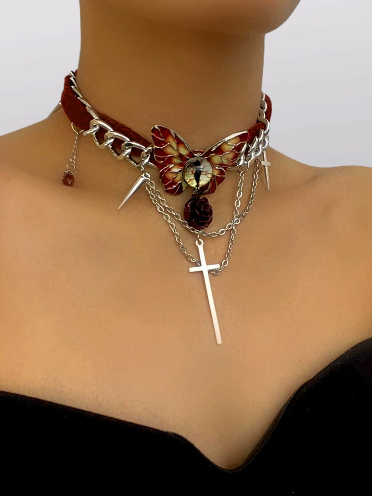 Gothic Kreuzen Chains Rose Rot Samt Schmetterling Choker
