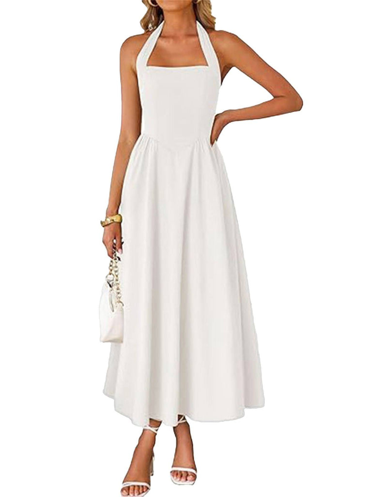 1940er Solide Breit-Träger Halter Rückenfrei Kleid