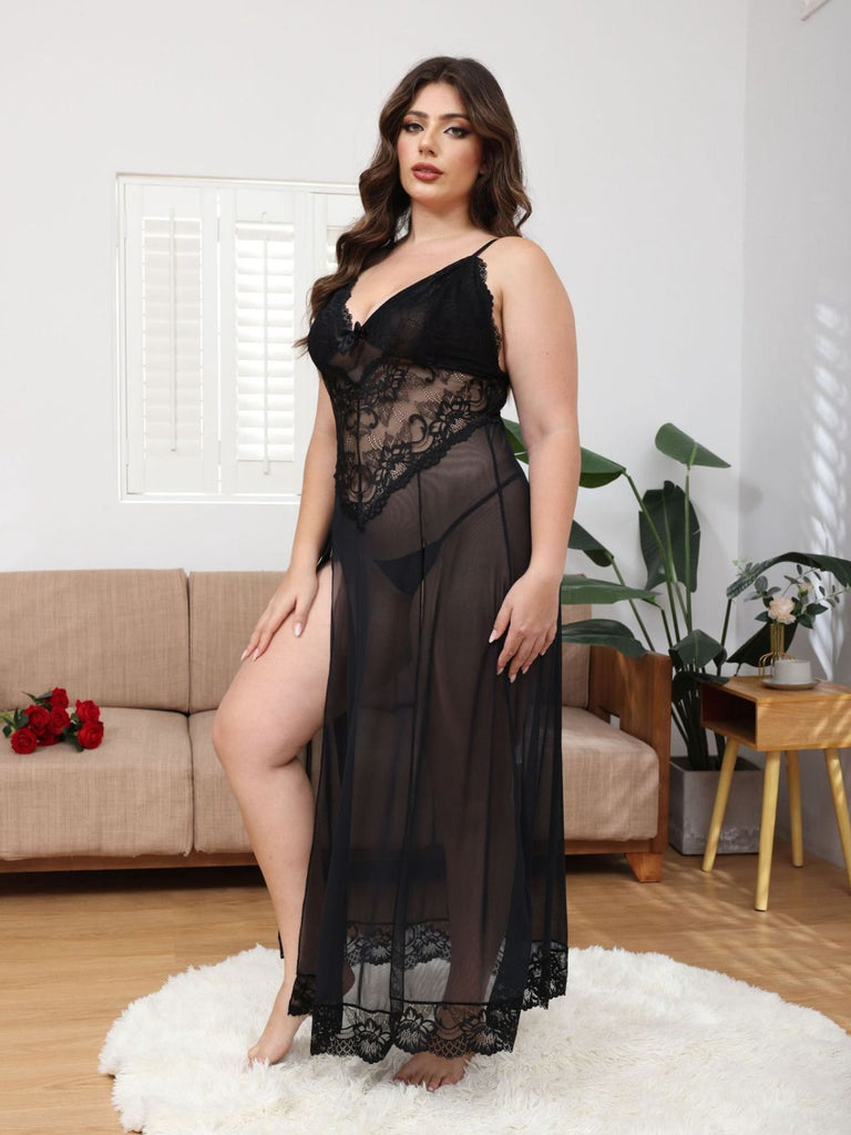 [Übergröße] 1930er Netz Spitze Spaghetti Träger Schlitz Nachthemd