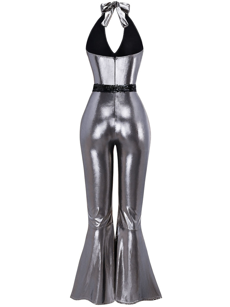 1970er Solide Metallisch Disko Halter Gürtel Jumpsuit