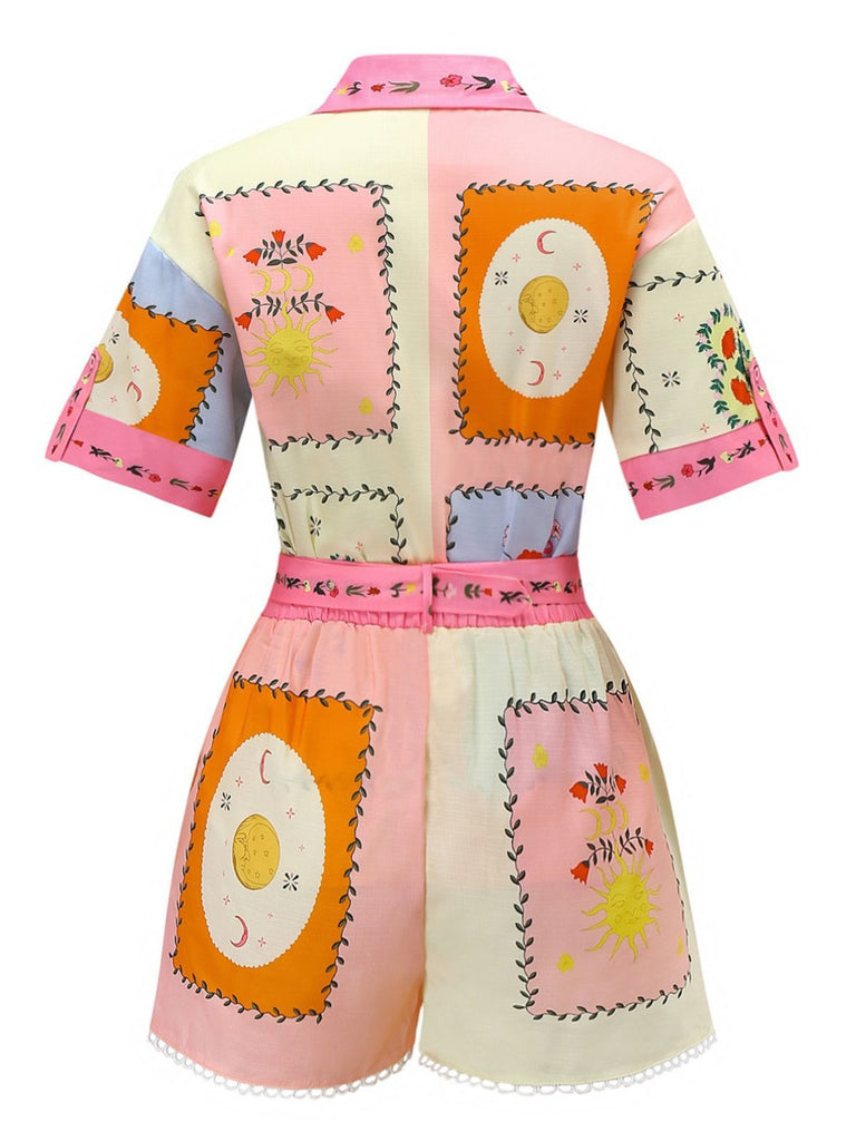 2PCS 1970er Boho Blumen Bluse & Gürtel Shorts