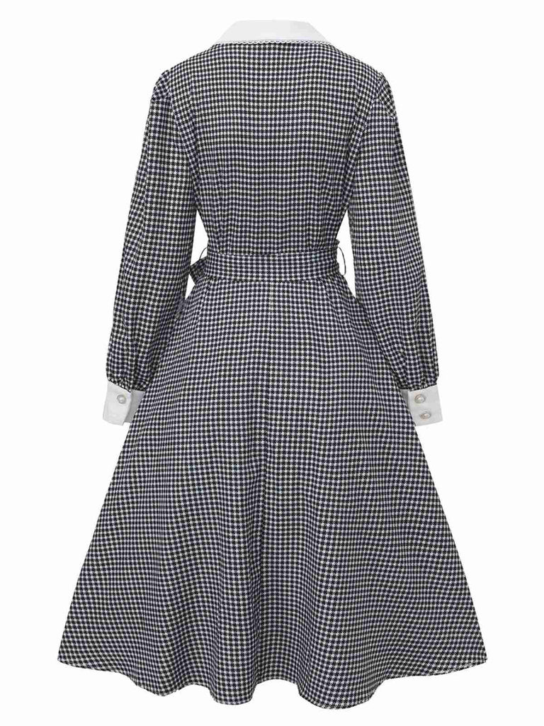Schwarz 1940er Hahnentritt Puffärmel Perlen Taste Kleid
