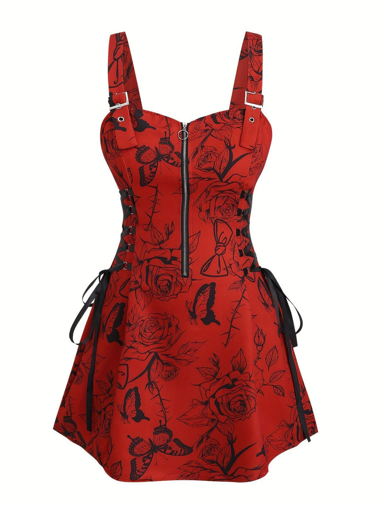 [Übergröße] 1970er Rose Blumen Steampunk Reißverschluss Kleid