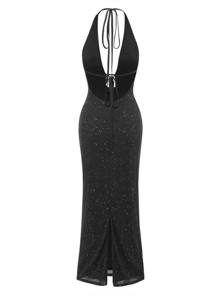 1980er Rückenfreies Glitzer Wasserfallkragen Halter Schlitz Maxi Kleid