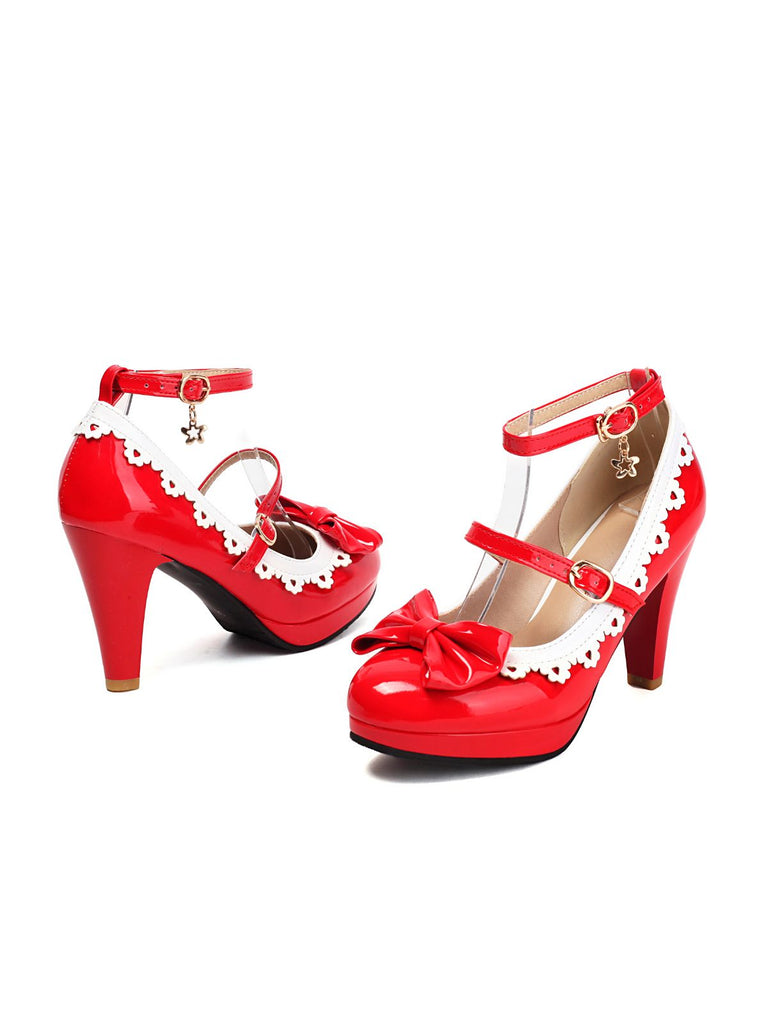 Vintage Bogen Farbblock Schnalle Mary Jane Schuhe