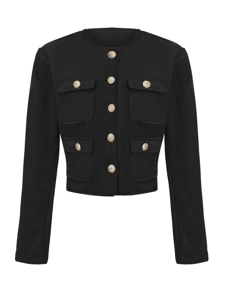 Schwarz 1940er Solide Kunstwolle Kurz Jacke