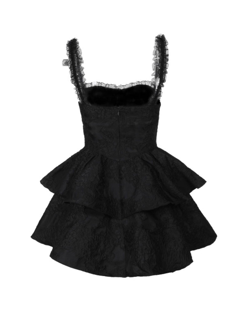 Schwarz 1950er Quadratischer Hals Spitze Kreuzen Bubble Kleid